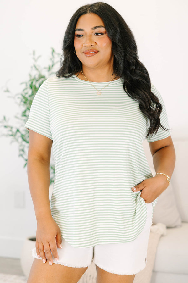 Plus Size sage and white horizontal striped short sleeve top with a crew neckline.