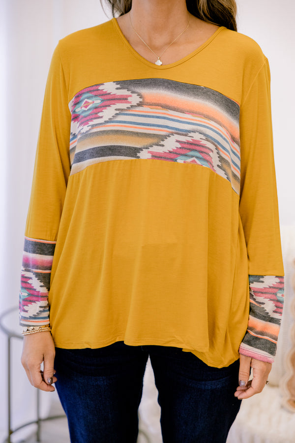Chic Soul plus size clothing, mustard colored aztec long sleeve shirt