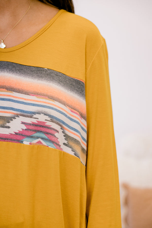 Chic Soul plus size clothing, mustard colored aztec long sleeve shirt