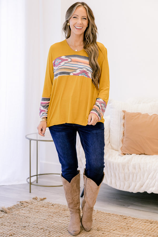 Chic Soul plus size clothing, mustard colored aztec long sleeve shirt