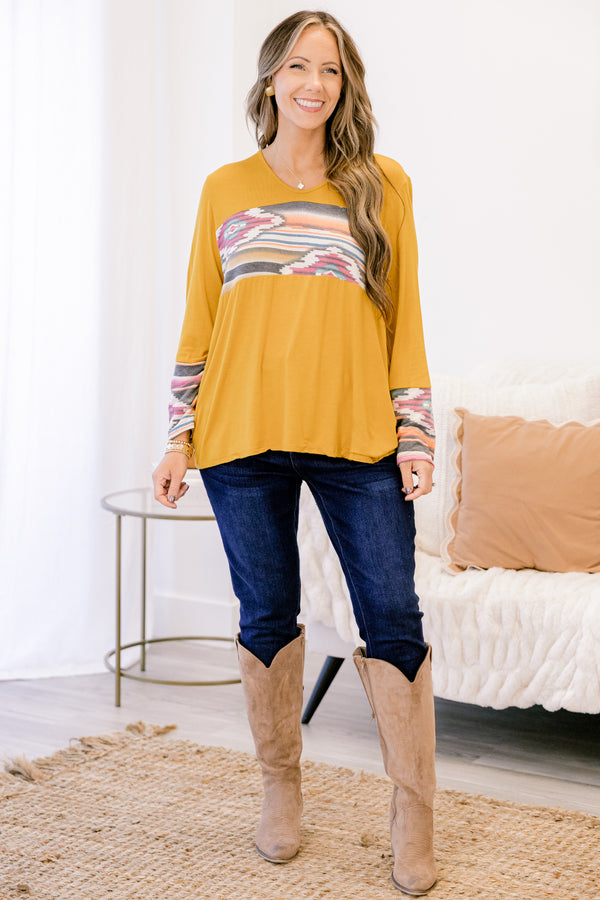 Chic Soul plus size clothing, mustard colored aztec long sleeve shirt