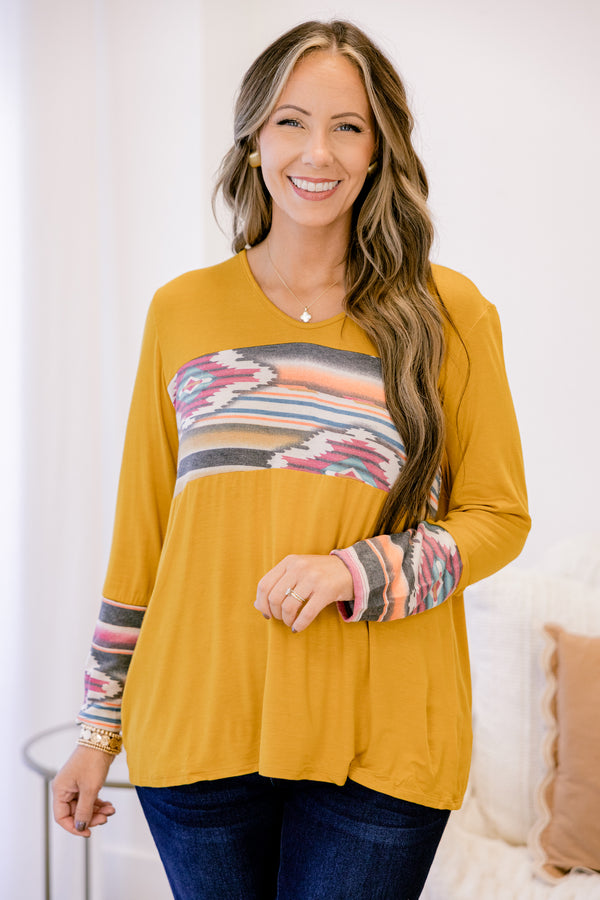 Chic Soul plus size clothing, mustard colored aztec long sleeve shirt