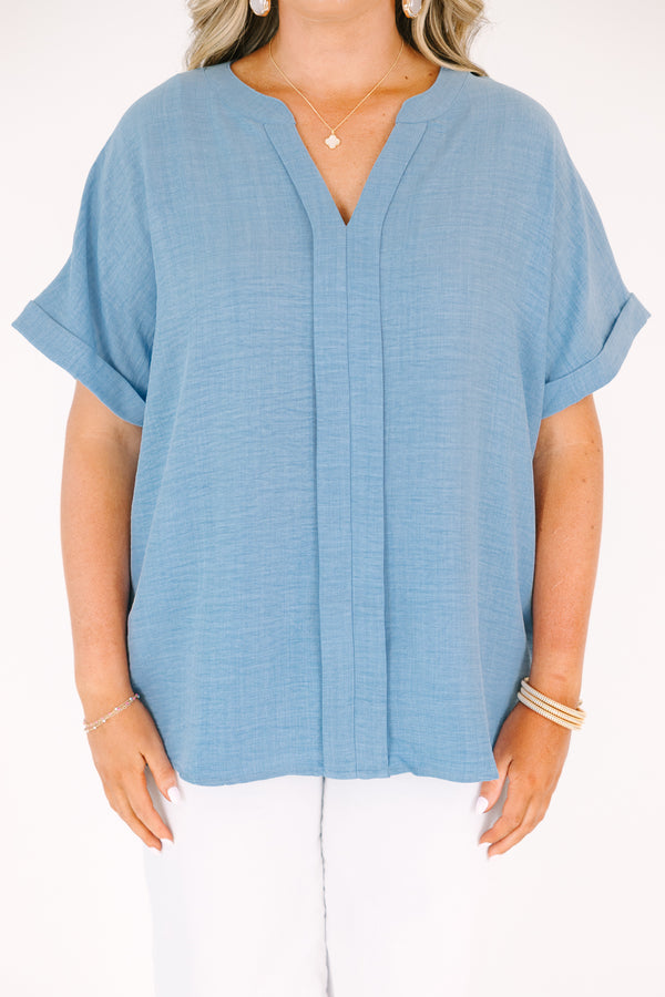 Plus Size chambray short-sleeve top with a split neckline and woven airflow fabric.