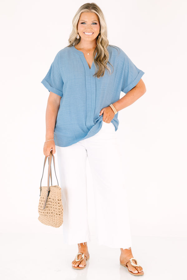 Plus Size chambray short-sleeve top with a split neckline and woven airflow fabric.