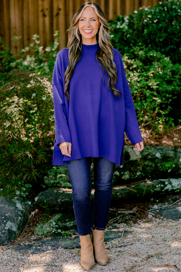 Chic Soul plus size clothing, royal blue long sleeve slouchy fit sweater 