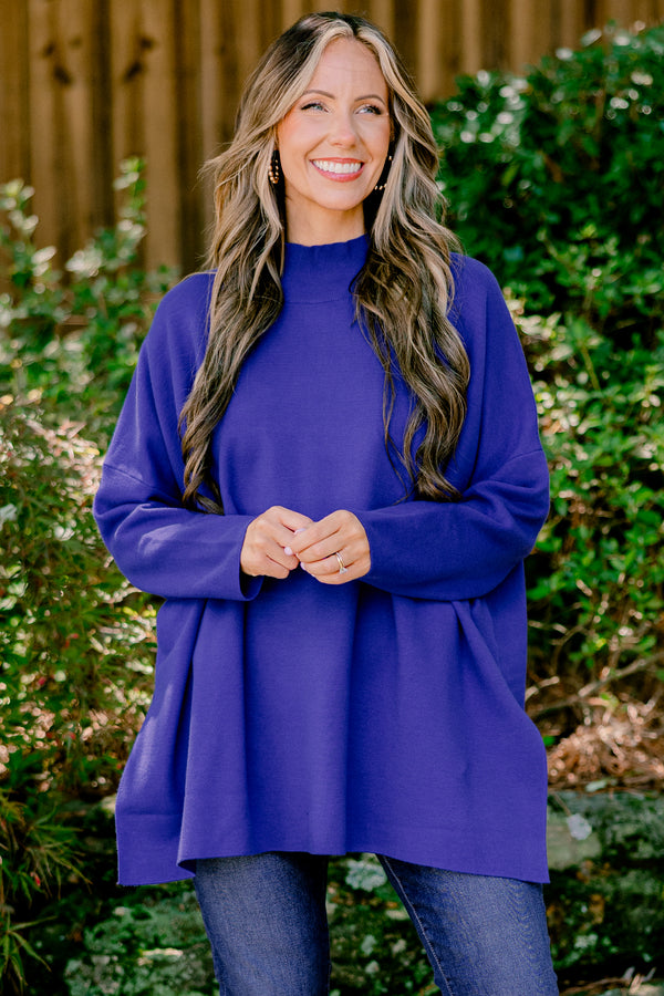 Chic Soul plus size clothing, royal blue long sleeve slouchy fit sweater 