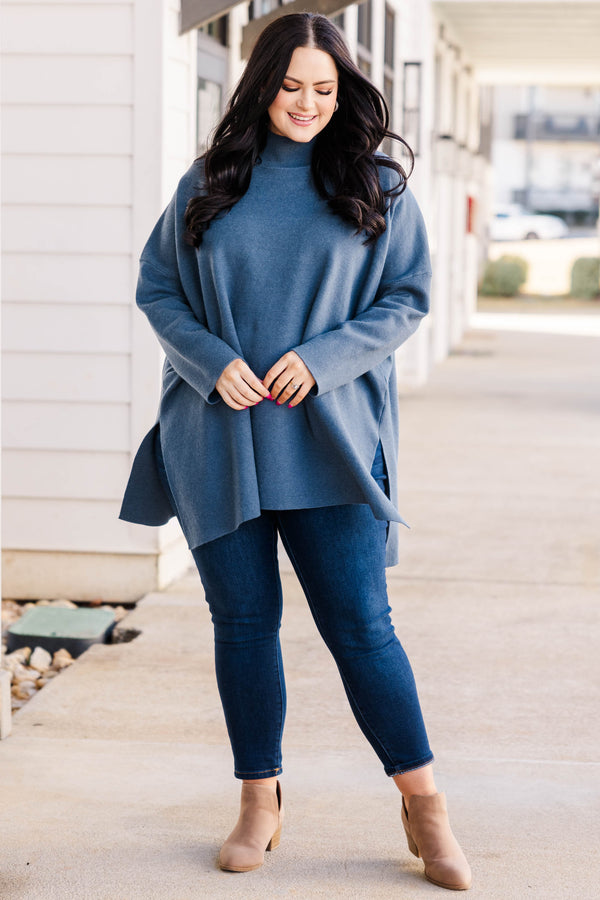 Chic Soul plus size clothing, turtle neck denim knit sweater with splits on each side