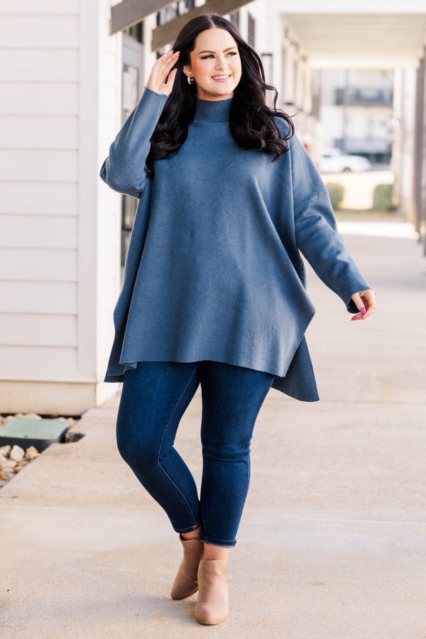 Chic Soul plus size clothing, turtle neck denim knit sweater with splits on each side