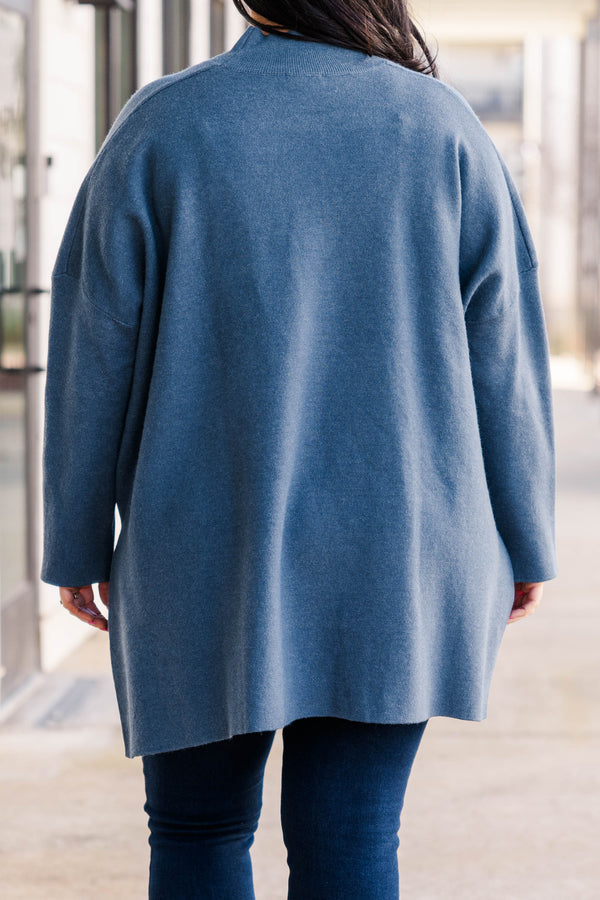 Chic Soul plus size clothing, turtle neck denim knit sweater with splits on each side