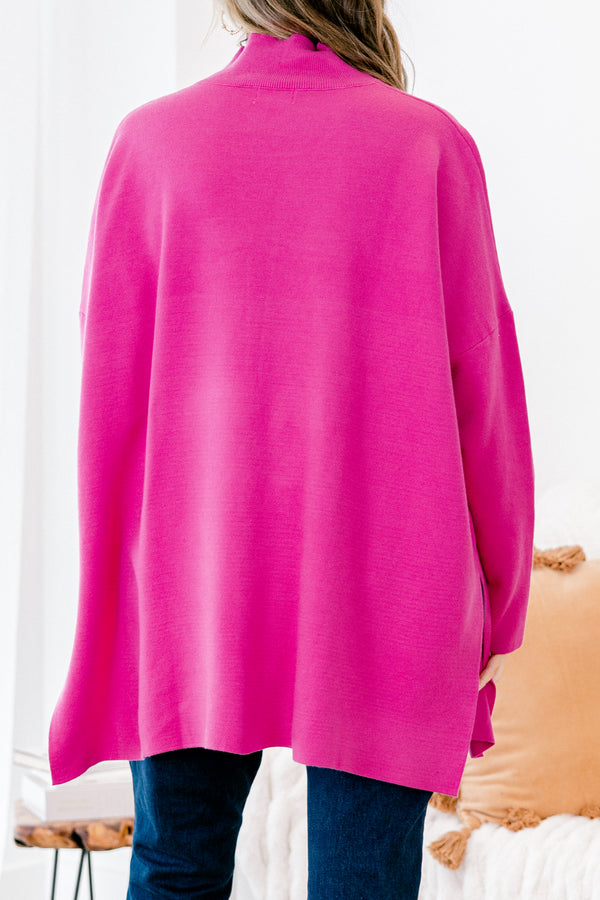 Chic Soul plus size clothing, hot pink long sleeve sweater with long sleeves and a high neck