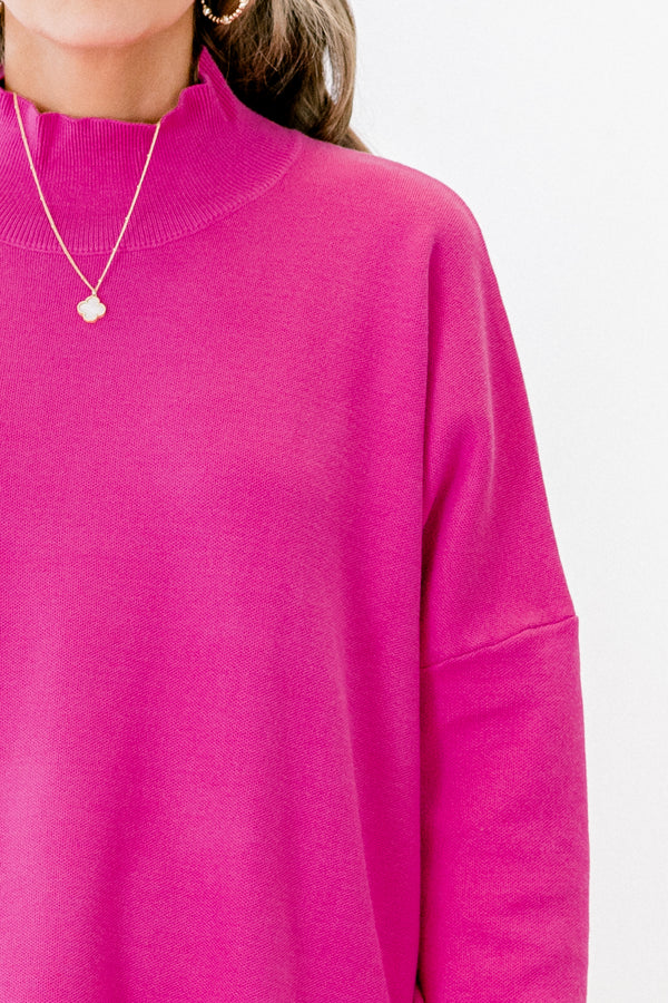 Chic Soul plus size clothing, hot pink long sleeve sweater with long sleeves and a high neck