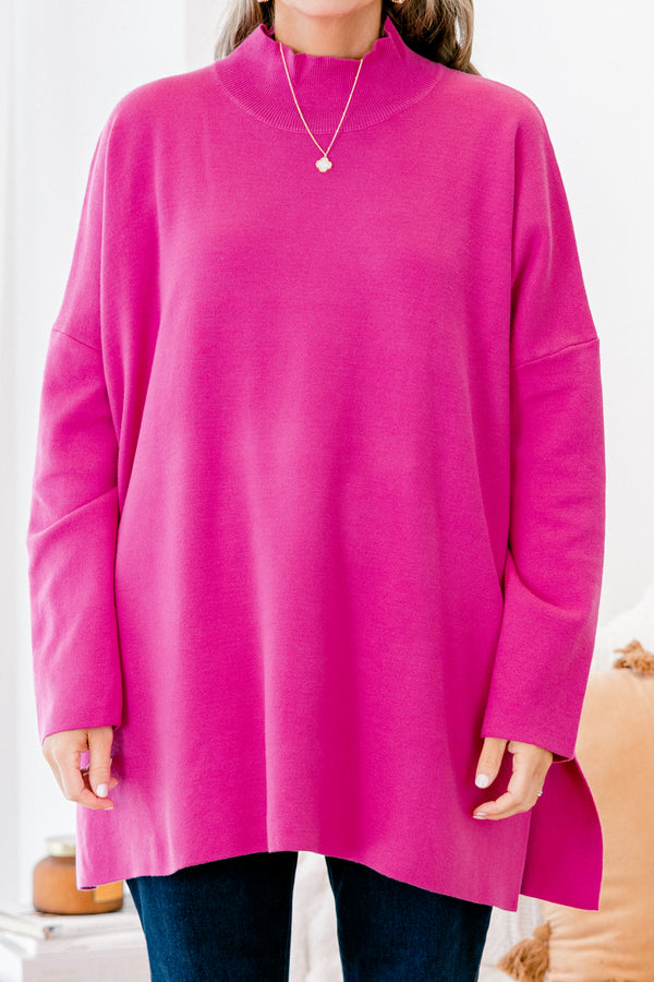 Chic Soul plus size clothing, hot pink long sleeve sweater with long sleeves and a high neck