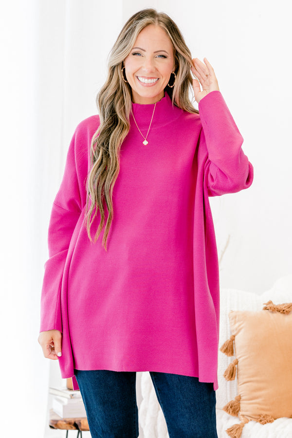 Chic Soul plus size clothing, hot pink long sleeve sweater with long sleeves and a high neck