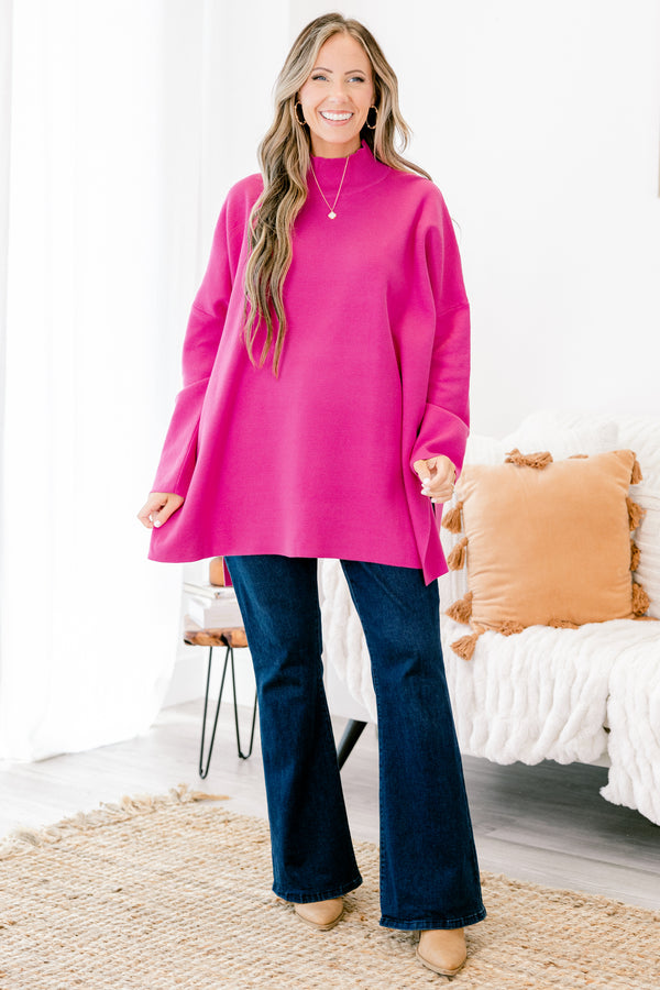 Chic Soul plus size clothing, hot pink long sleeve sweater with long sleeves and a high neck