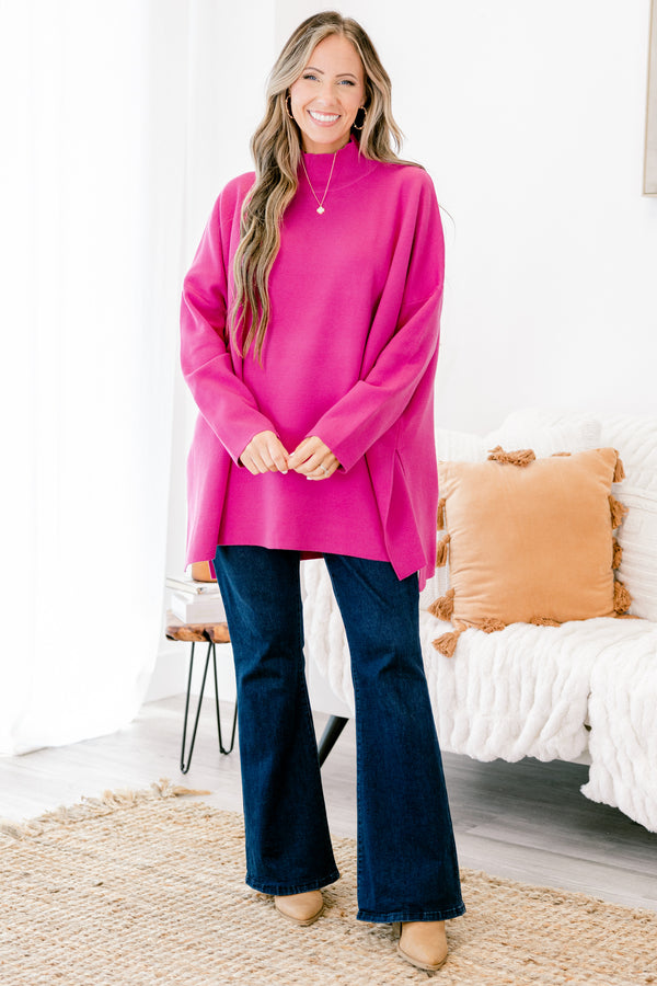 Chic Soul plus size clothing, hot pink long sleeve sweater with long sleeves and a high neck