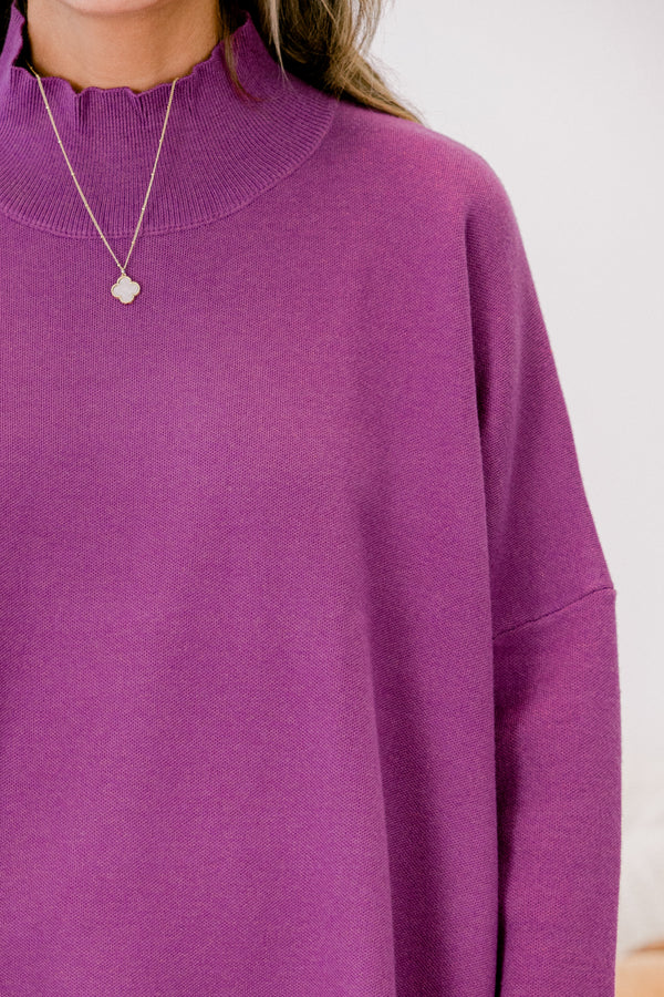 Chic Soul Plus size clothing, Purple long sleeve sweater with a high neck 
