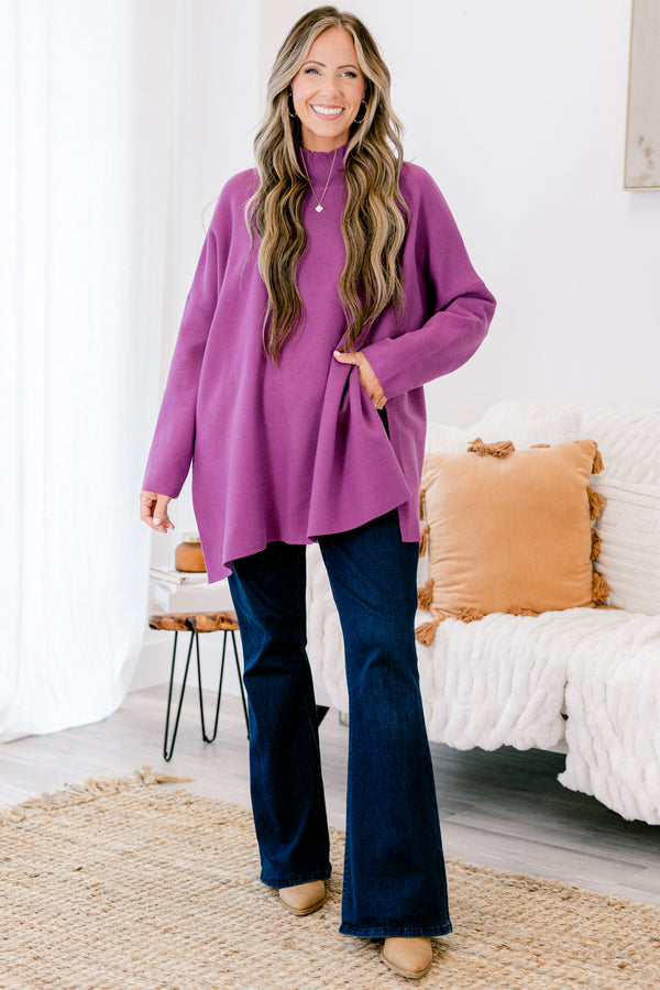 Chic Soul Plus size clothing, Purple long sleeve sweater with a high neck 
