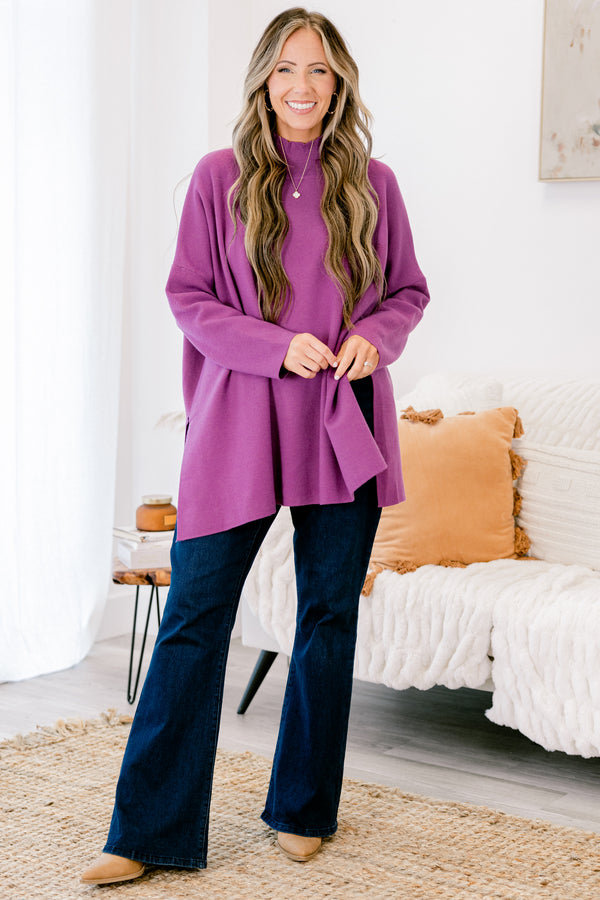 Chic Soul Plus size clothing, Purple long sleeve sweater with a high neck 
