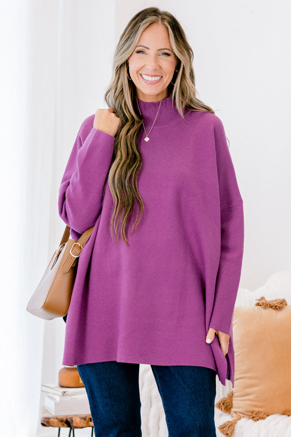 Chic Soul Plus size clothing, Purple long sleeve sweater with a high neck 
