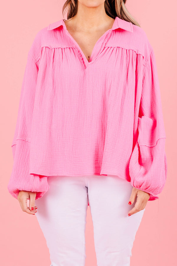 Chic Soul plus size clothing, pink top with long balloon sleeves and collared neckline