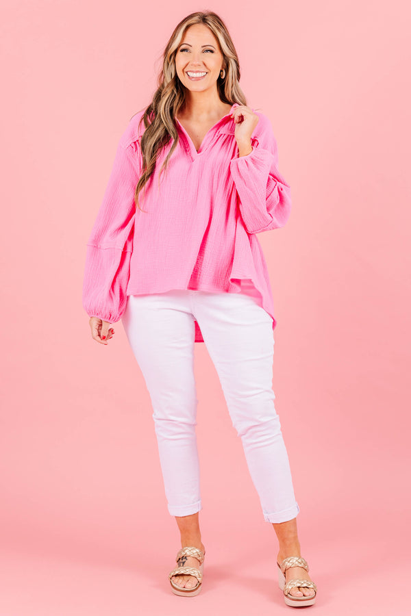 Chic Soul plus size clothing, pink top with long balloon sleeves and collared neckline