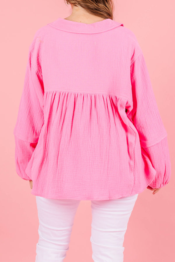 Chic Soul plus size clothing, pink top with long balloon sleeves and collared neckline