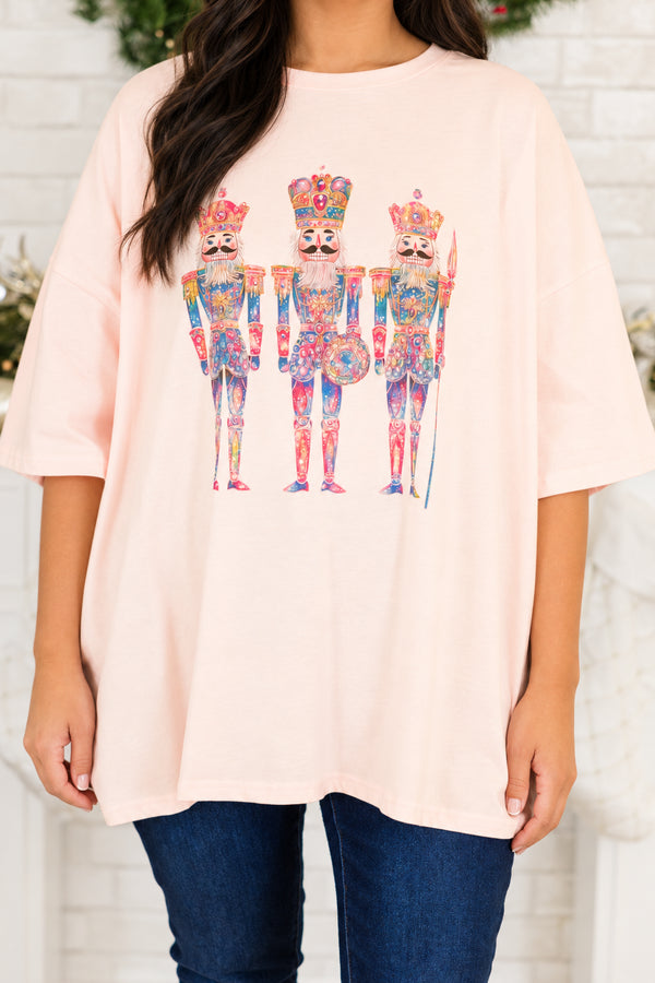Chic Soul plus size clothing, cream pink short sleeve boyfriend tee with round neckline with 3 multicolor nutcracker graphic design