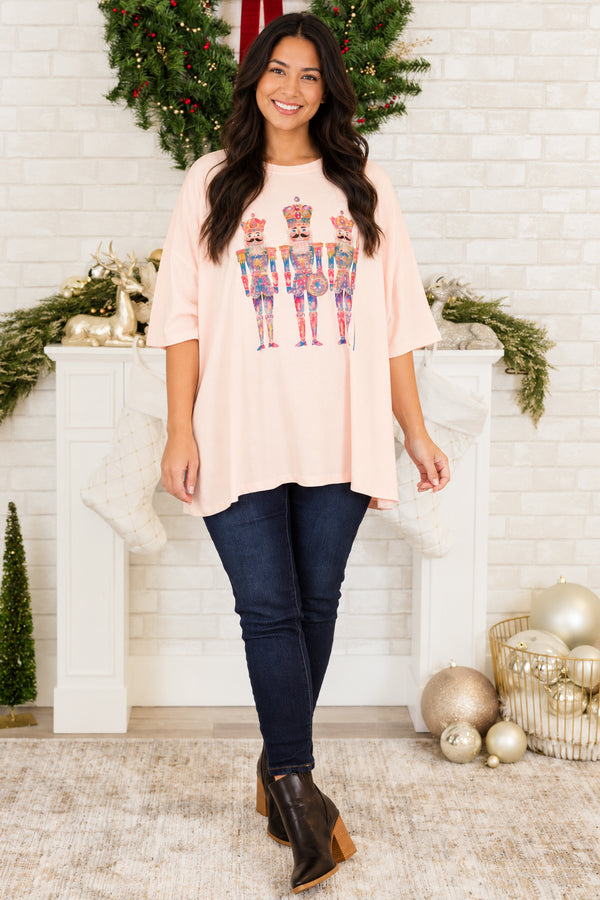 Chic Soul plus size clothing, cream pink short sleeve boyfriend tee with round neckline with 3 multicolor nutcracker graphic design