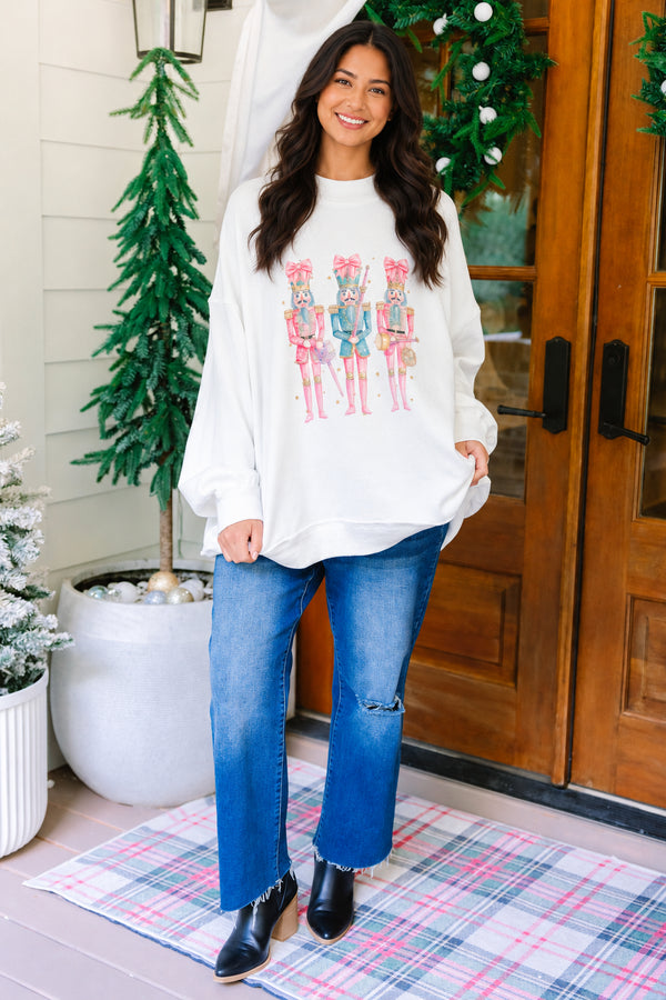 Chic Soul plus size clothing, white mock neck pullover with 3 pastel water color nutcrackers on it