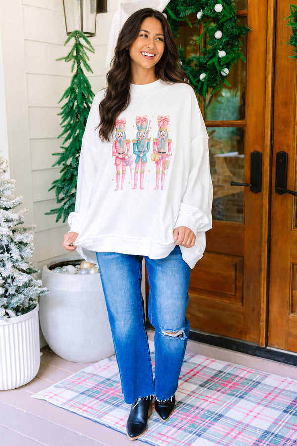 Chic Soul plus size clothing, white mock neck pullover with 3 pastel water color nutcrackers on it