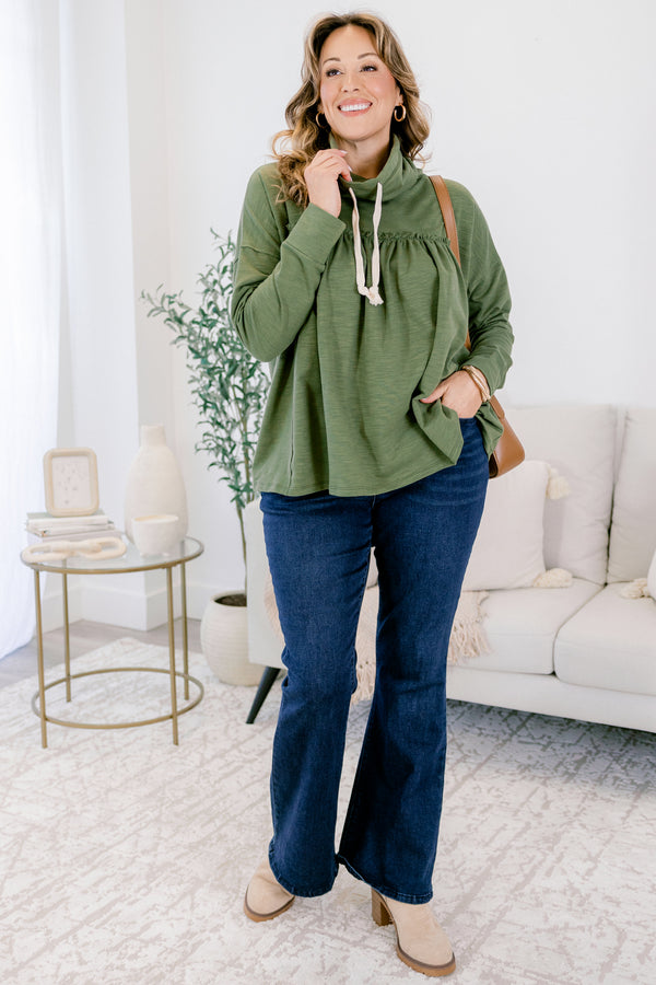 Chic Soul plus size clothing, green long sleeve baby doll top with drawstring hoodie top