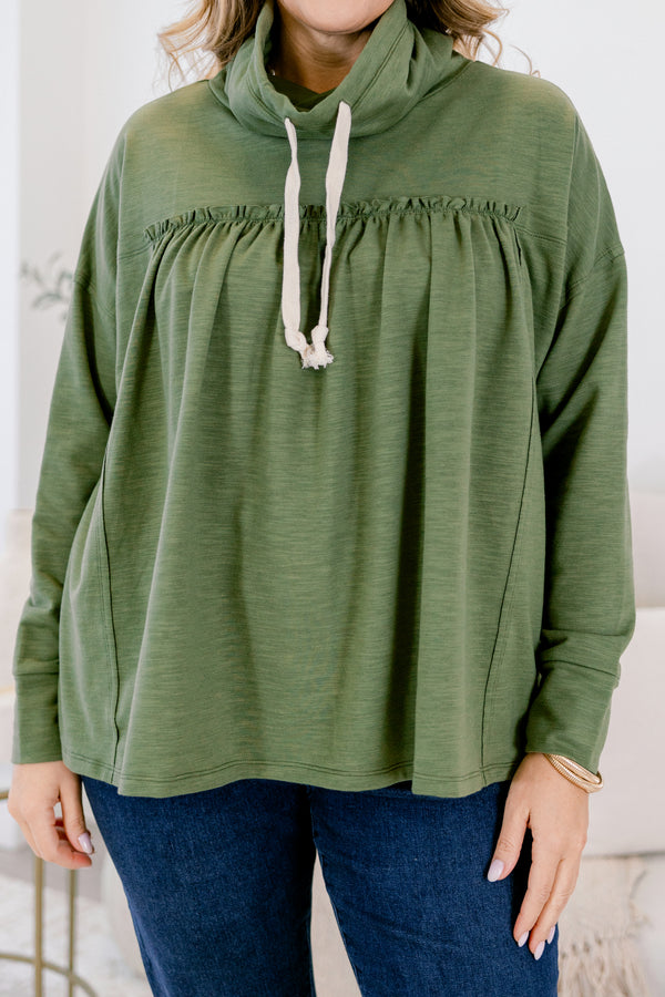 Chic Soul plus size clothing, green long sleeve baby doll top with drawstring hoodie top