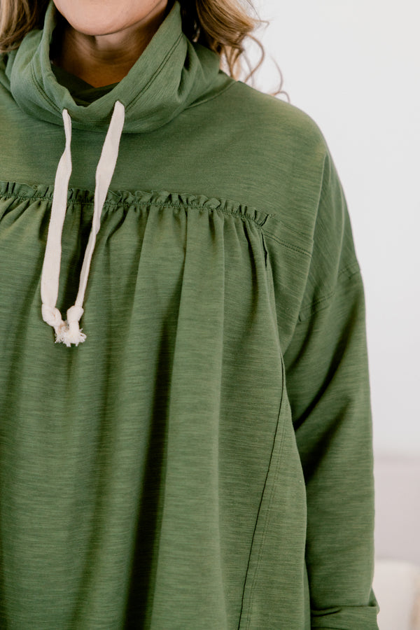 Chic Soul plus size clothing, green long sleeve baby doll top with drawstring hoodie top