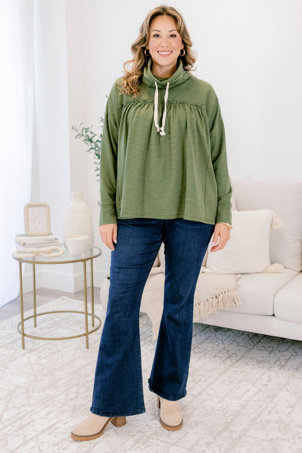 Chic Soul plus size clothing, green long sleeve baby doll top with drawstring hoodie top