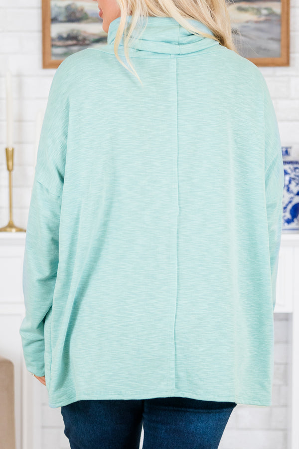 Chic Soul plus size clothing, long-sleeve mint green hoodie with white drawstrings and ruffled detailing along bodice 