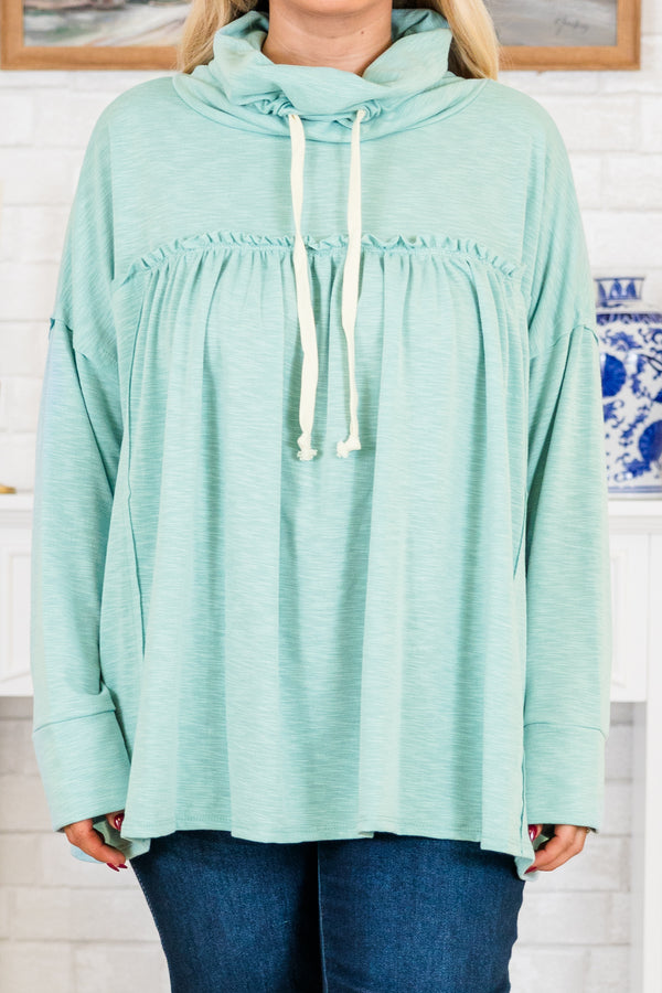Chic Soul plus size clothing, long-sleeve mint green hoodie with white drawstrings and ruffled detailing along bodice 