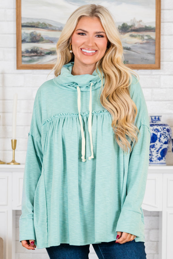 Chic Soul plus size clothing, long-sleeve mint green hoodie with white drawstrings and ruffled detailing along bodice 