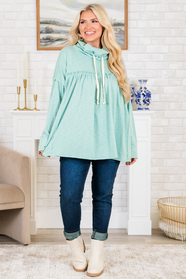 Chic Soul plus size clothing, long-sleeve mint green hoodie with white drawstrings and ruffled detailing along bodice 