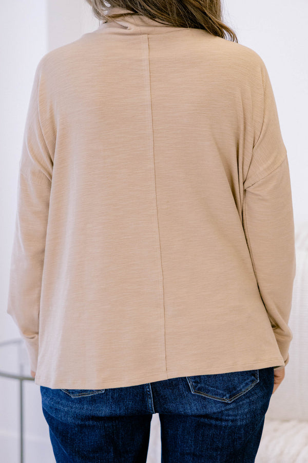 Chic Soul plus size clothing, light tan long sleeve hoodie top with ruffle along the chest and white drawstrings