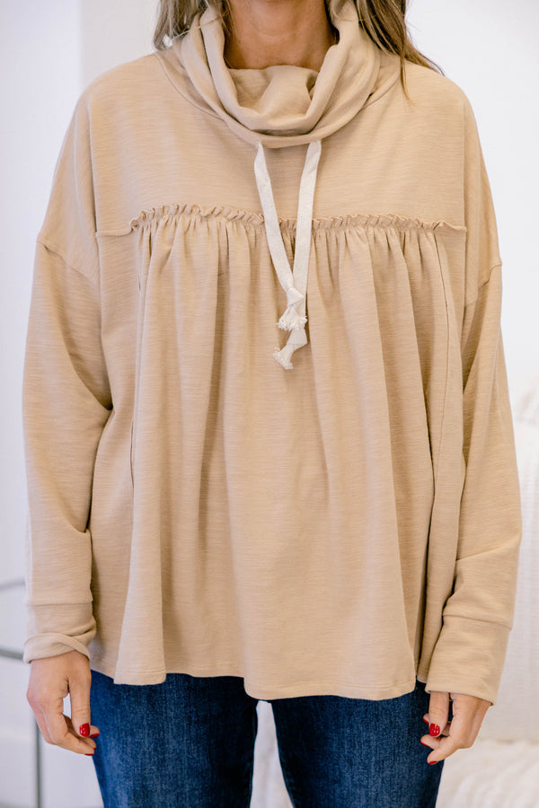 Chic Soul plus size clothing, light tan long sleeve hoodie top with ruffle along the chest and white drawstrings
