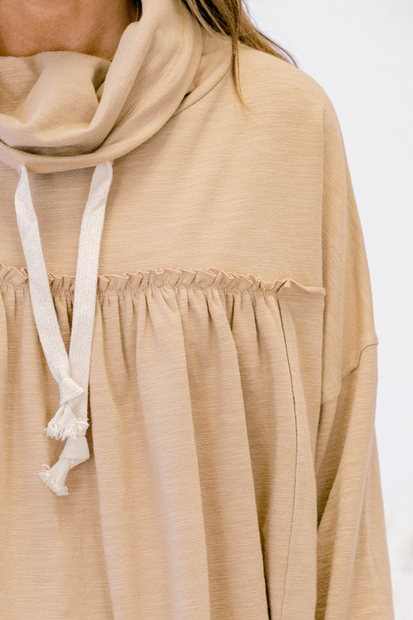 Chic Soul plus size clothing, light tan long sleeve hoodie top with ruffle along the chest and white drawstrings