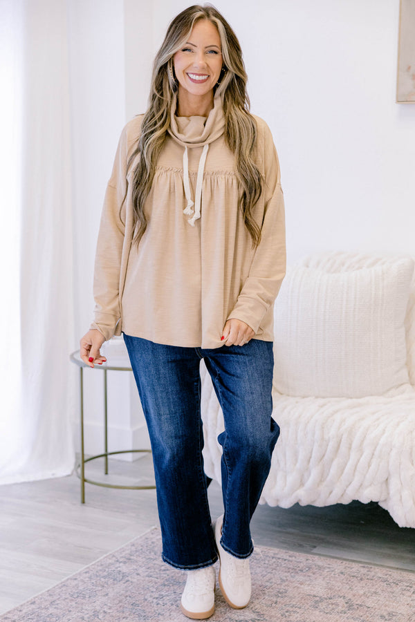 Chic Soul plus size clothing, light tan long sleeve hoodie top with ruffle along the chest and white drawstrings