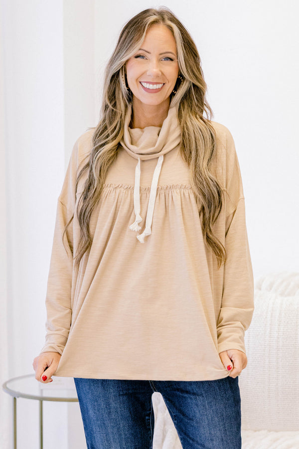 Chic Soul plus size clothing, light tan long sleeve hoodie top with ruffle along the chest and white drawstrings