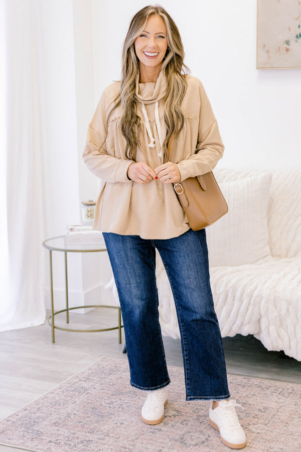 Chic Soul plus size clothing, light tan long sleeve hoodie top with ruffle along the chest and white drawstrings
