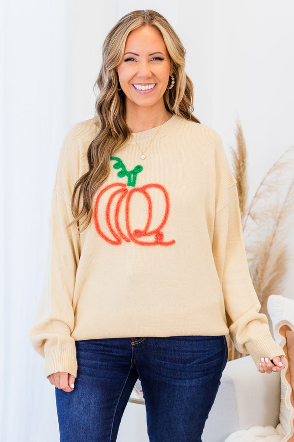 Chic Soul plus size clothing, taupe long sleeve sweater with embroidered orange pumpkin and green stem