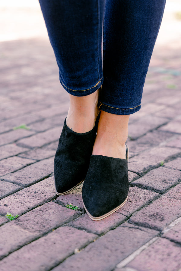 Chic Soul plus size clothing, black pointed toe mules with brown block heel