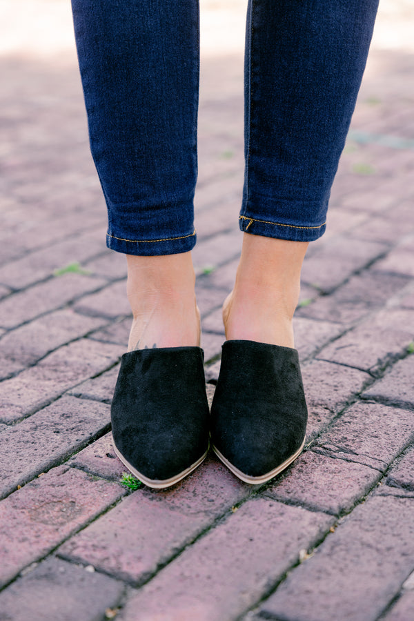 Chic Soul plus size clothing, black pointed toe mules with brown block heel
