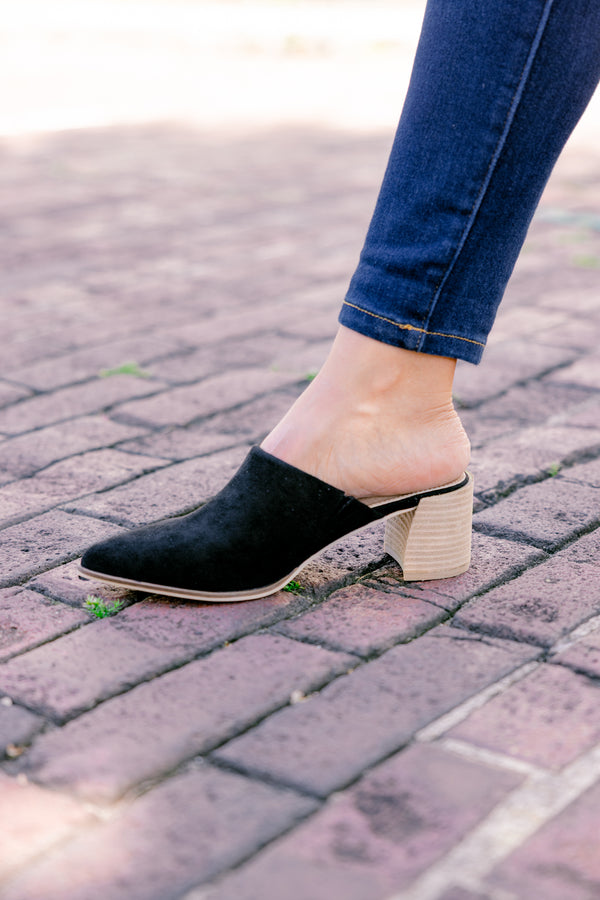 Chic Soul plus size clothing, black pointed toe mules with brown block heel
