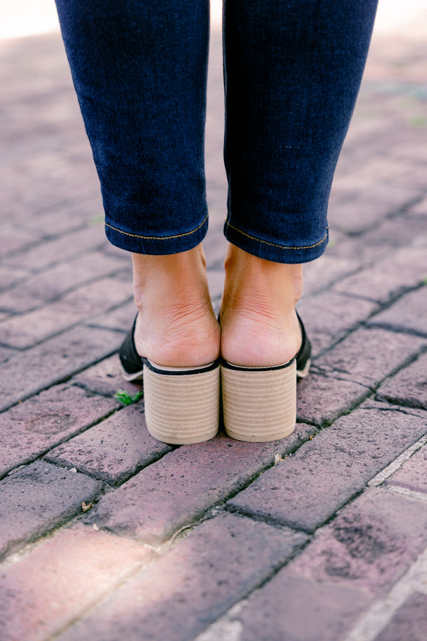 Chic Soul plus size clothing, black pointed toe mules with brown block heel