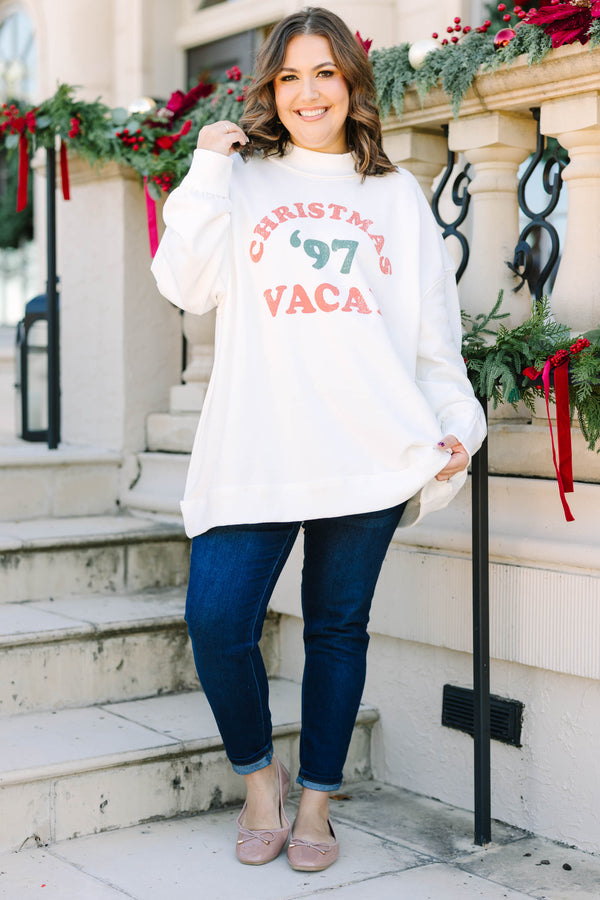 Plus size ivory mock neck pullover with 'Christmas '97 Vacay' graphic in a relaxed, flowy fit.